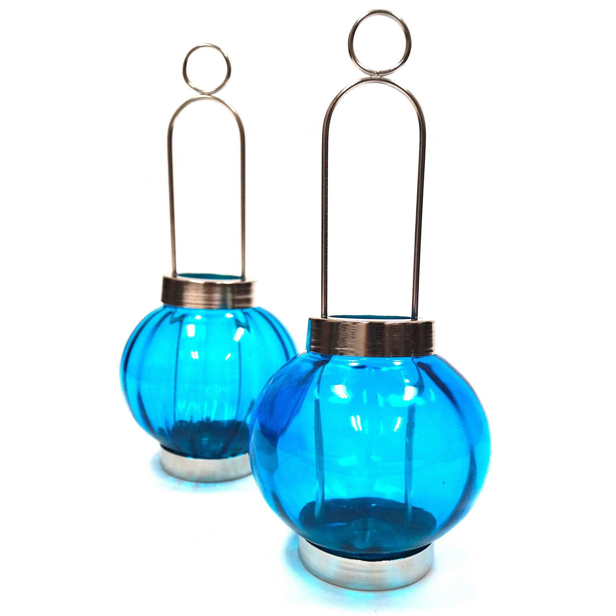 IR 15370 - Candle T-Light Sliding Lantern Blue Glass Round 8" (199966)
