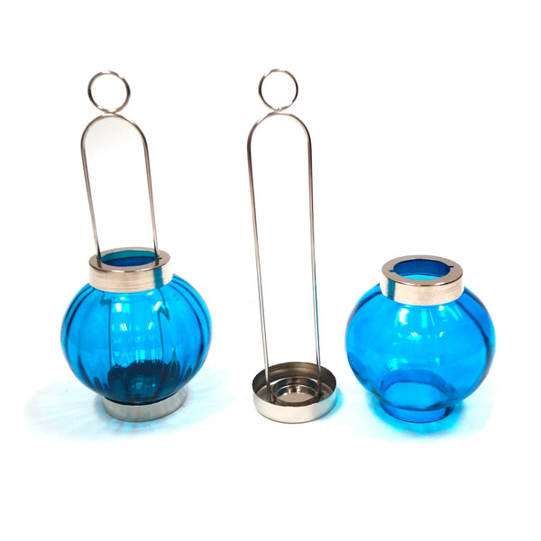 IR 15370 - Candle T-Light Sliding Lantern Blue Glass Round 8" (199966)