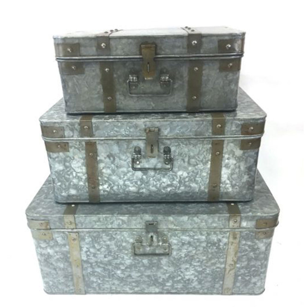 IR 23233 - Galvanized Trunk with Rivets and Metal Strips, Set of 3