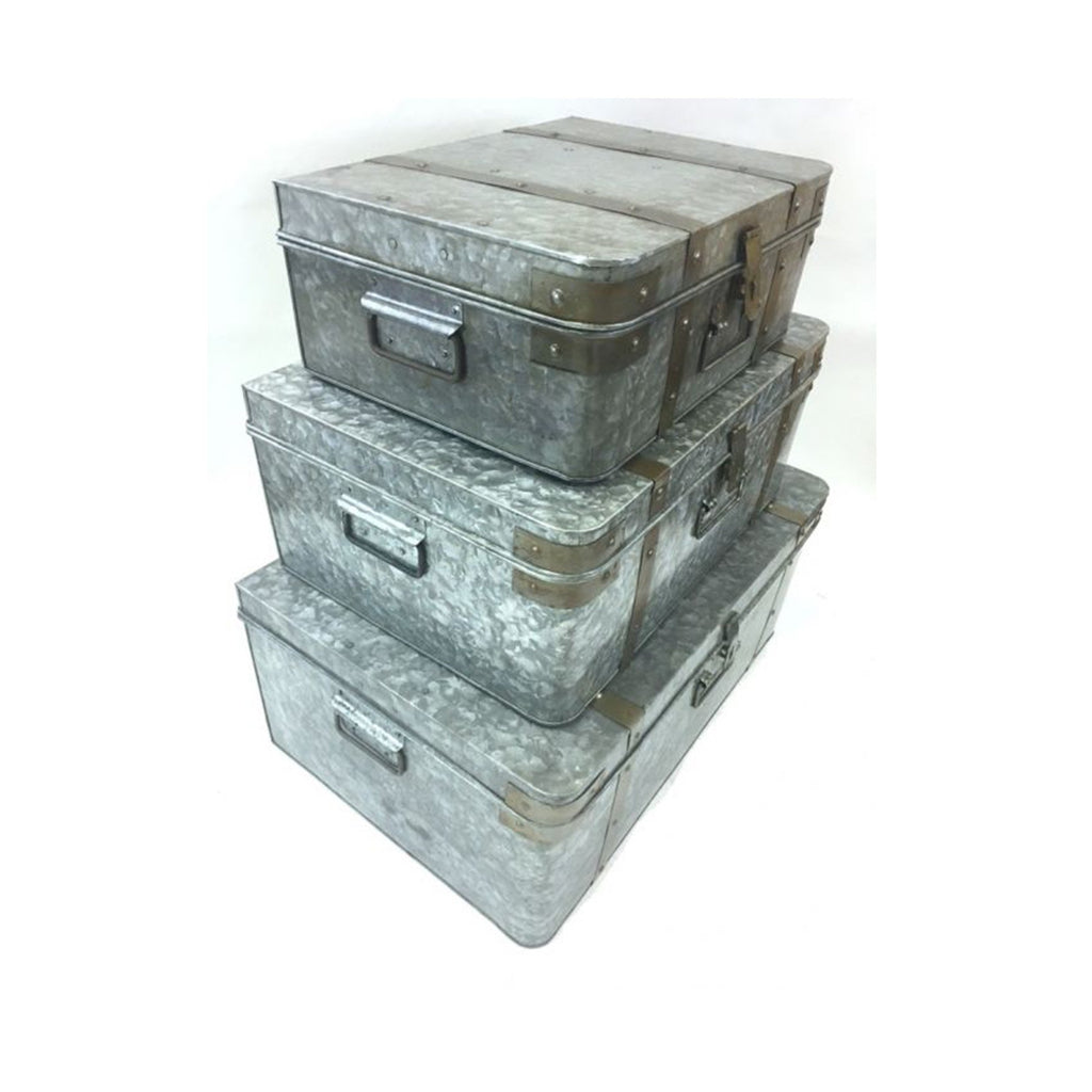 IR 23233 - Galvanized Trunk with Rivets and Metal Strips, Set of 3