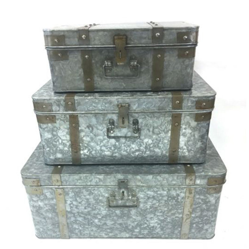 Galvanized Trunk with Rivets and Metal Strips, Set of 3