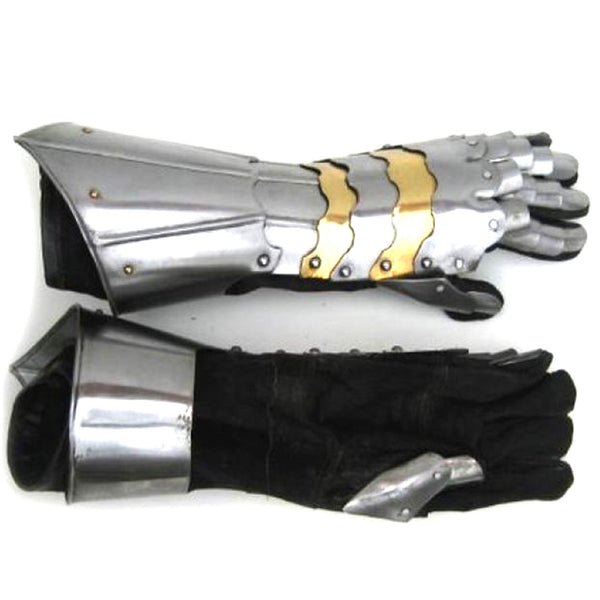 Medieval Gauntlet Pair Steel with Brass Accents