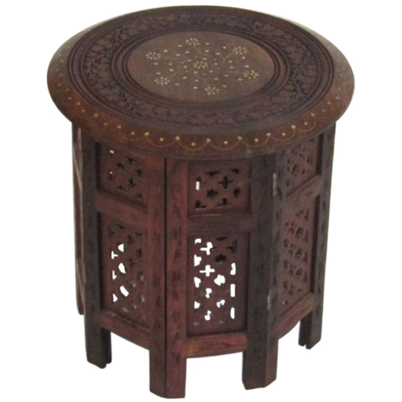 Carved Wooden Octagonal Table Brass Inlay, 15" (IE786110)