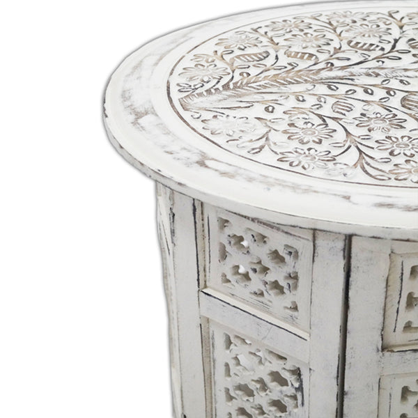 Carved Wooden Table, Octagonal Stand 18" Mangowood (White Wash)