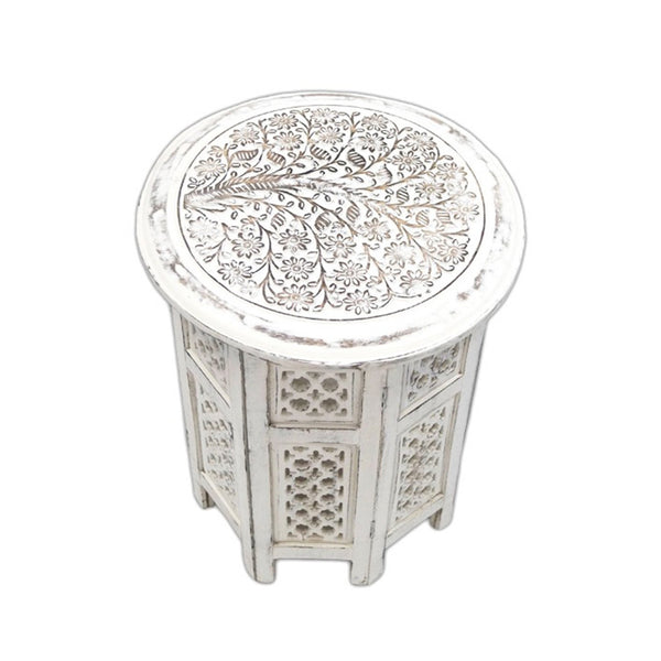 Carved Wooden Table, Octagonal Stand 18" Mangowood (White Wash)