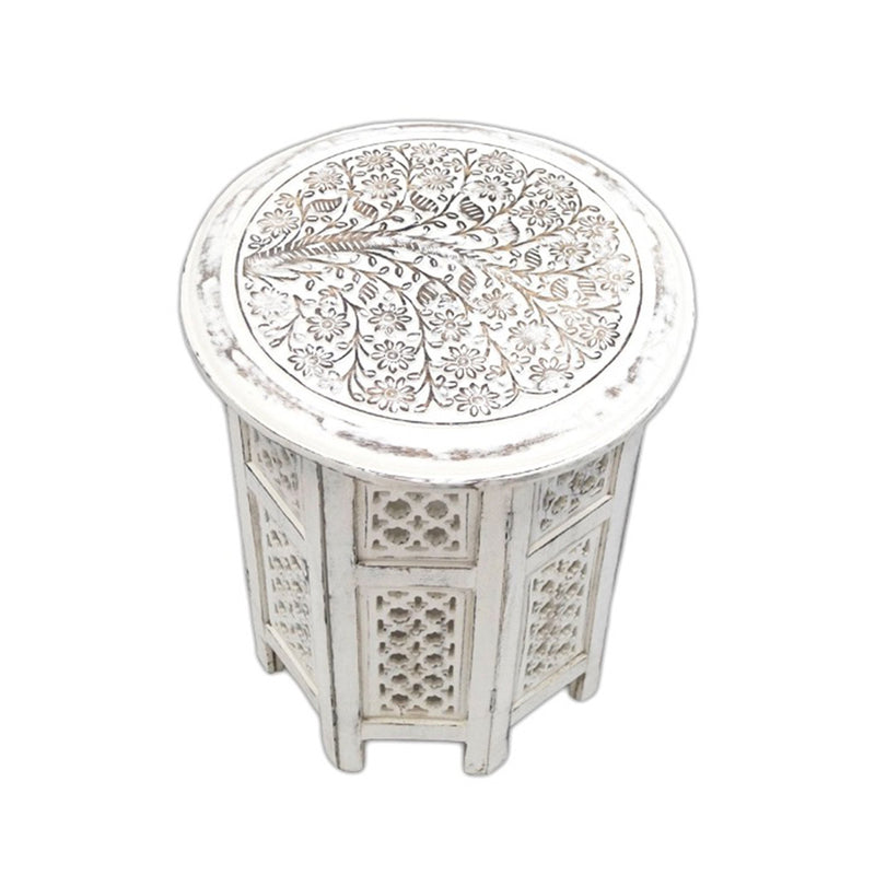 SH 120x - Carved Wooden Table, Octagonal Stand 18" Mangowood (White Wash)
