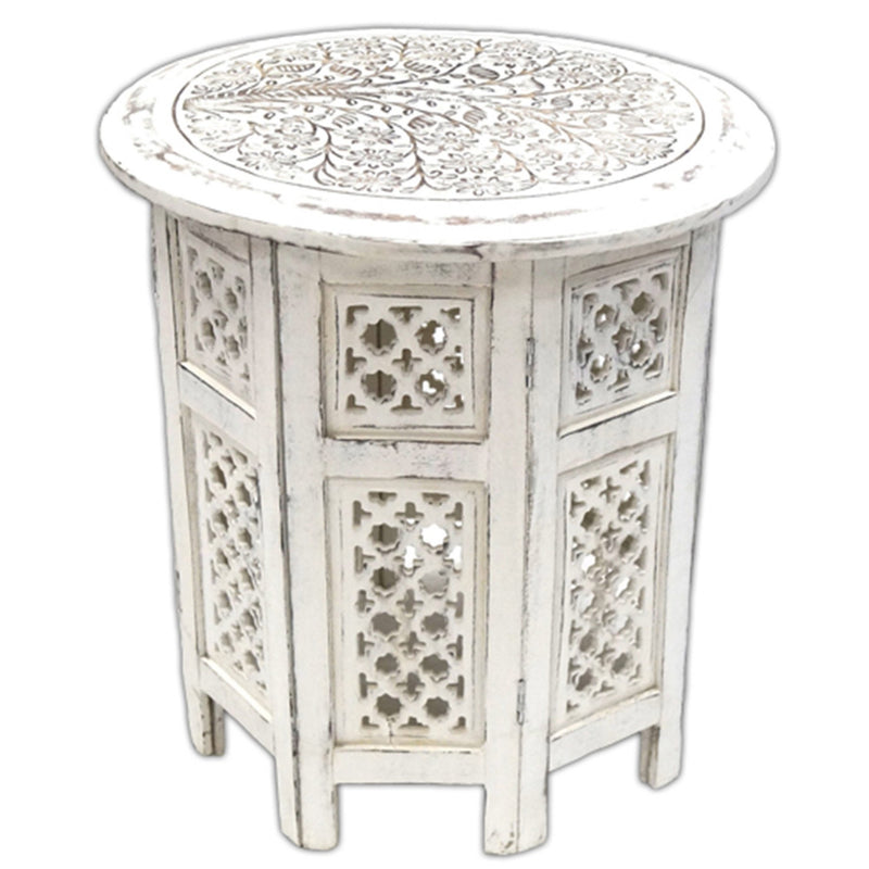 SH 120x - Carved Wooden Table, Octagonal Stand 18" Mangowood (White Wash)