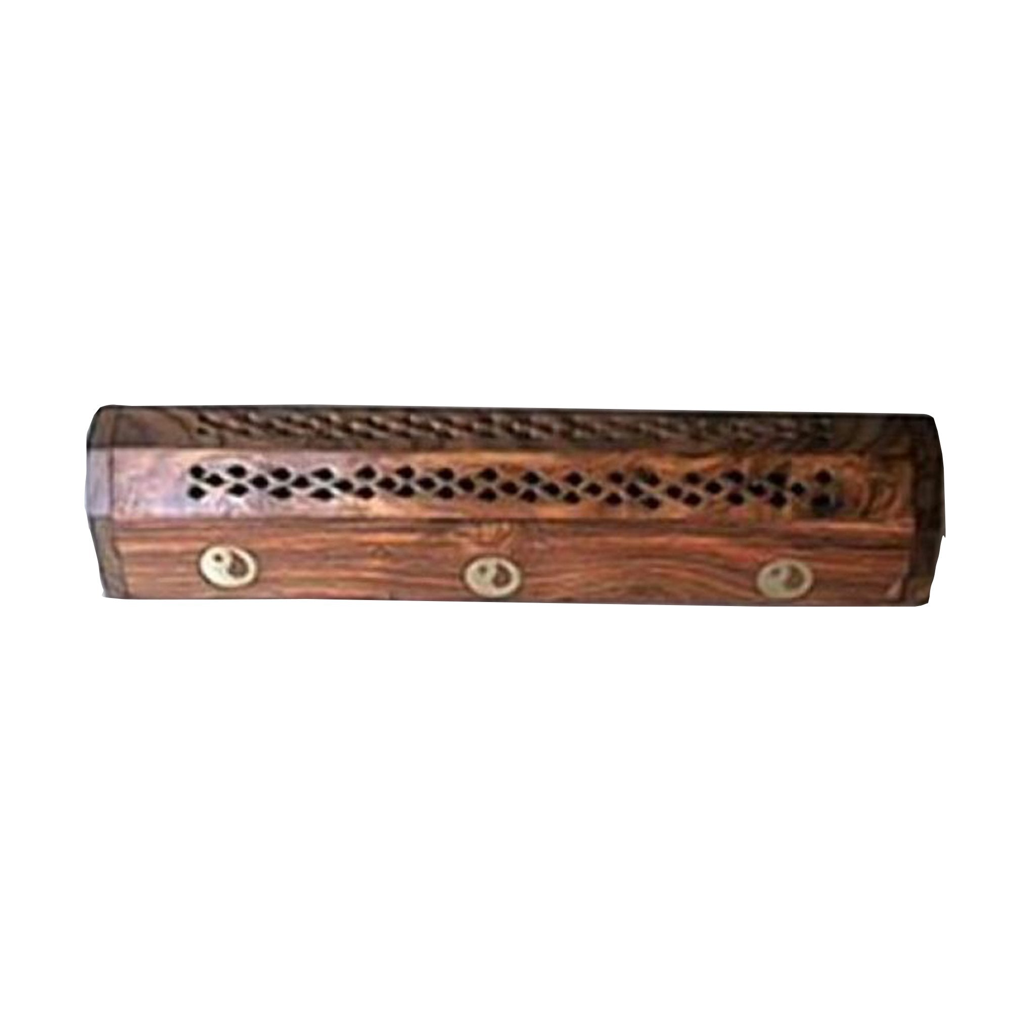 SH 18973 - Wood incense coffin box, Brass inlaid design