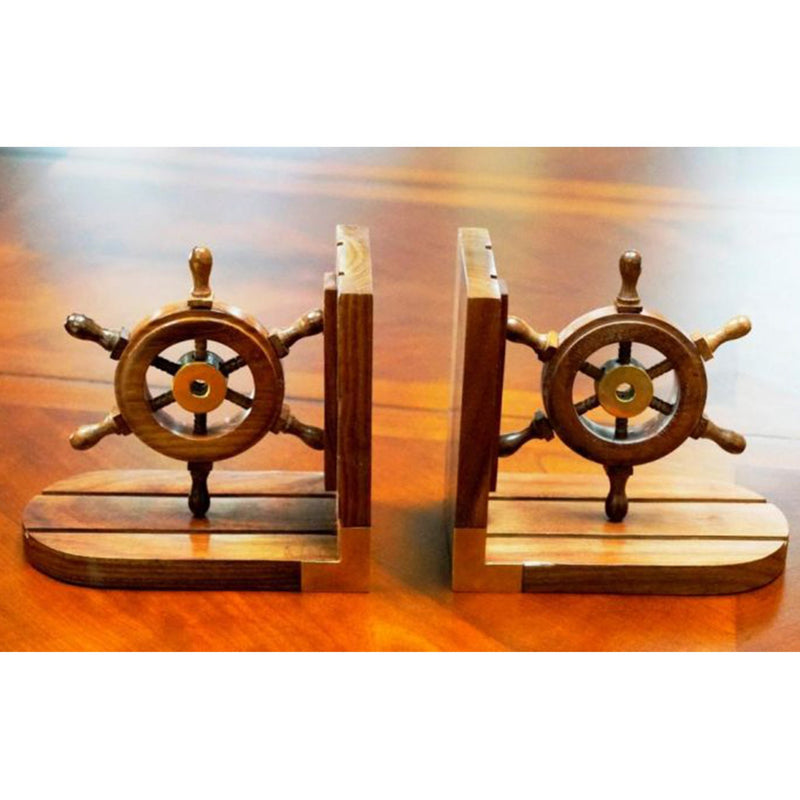 SH 48656 - Bookend Pair Wooden Ship Wheel Brass Fitted