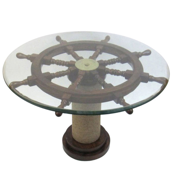 Ship Wheel Table w/ 36" Glass & Rope Base (IE78147)