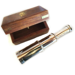 SP 48259B - Brass & Chrome Pullout Telescope 6.25" w/ Wooden Box