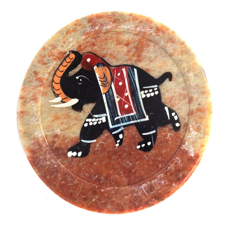 SS 1741 - Royal Set of 6 Hand Carved Marble Bar Coaster with Hand-painted Elephant Design