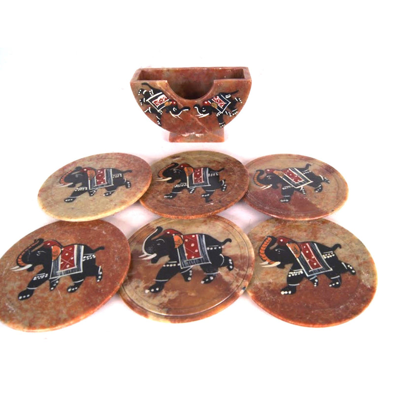 SS 1741 - Royal Set of 6 Hand Carved Marble Bar Coaster with Hand-painted Elephant Design