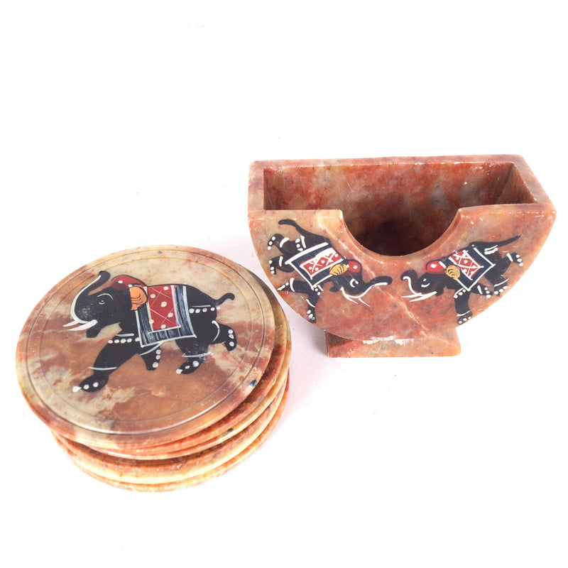 SS 1741 - Royal Set of 6 Hand Carved Marble Bar Coaster with Hand-painted Elephant Design