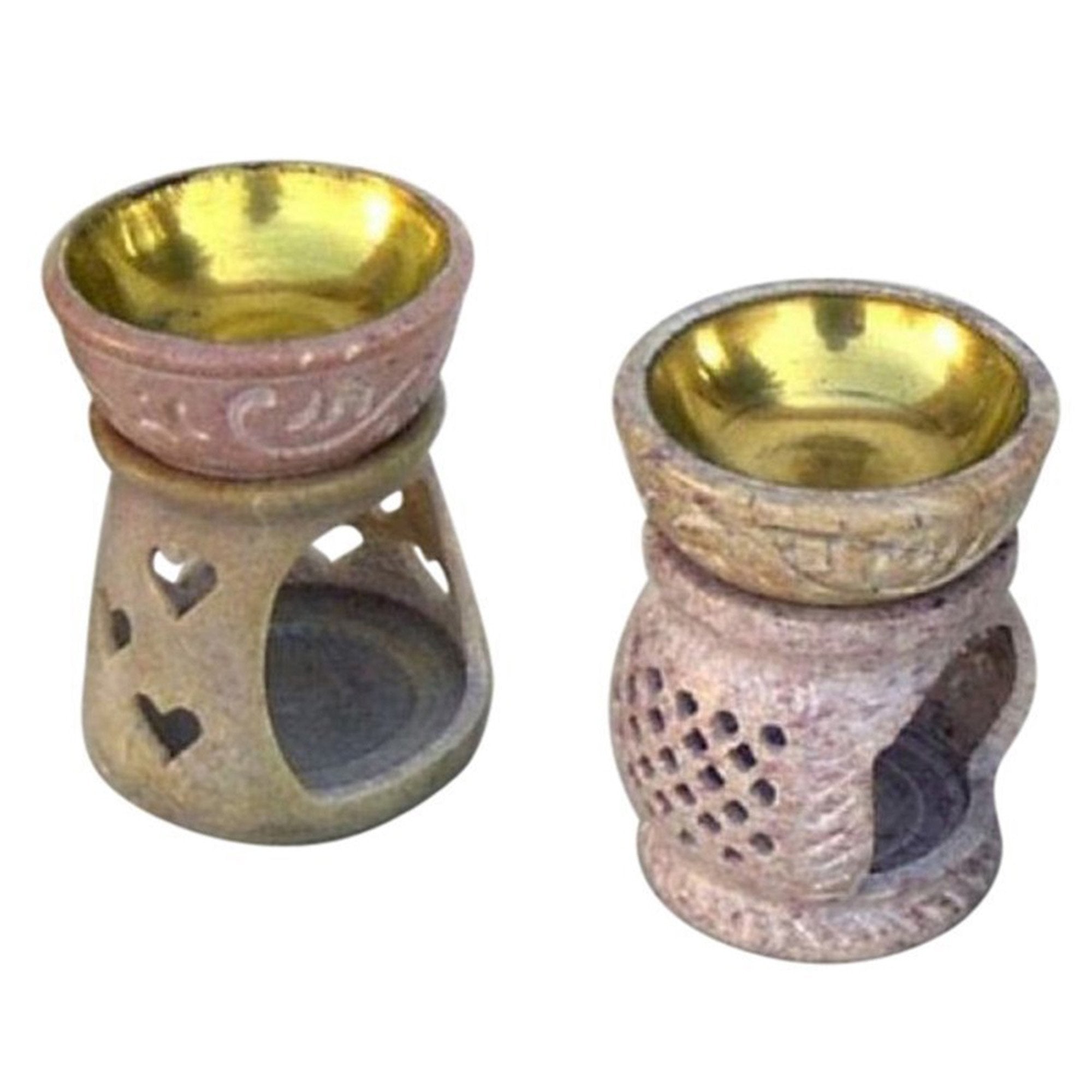 SS 22486 - Soapstone Oil Burner W/ Brass Layered Bowl, SML. Various designs