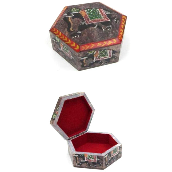 SS 23184 - Soapstone Box, Hexagonal, Painted Elephant 4", Velvet Lined(282TA)